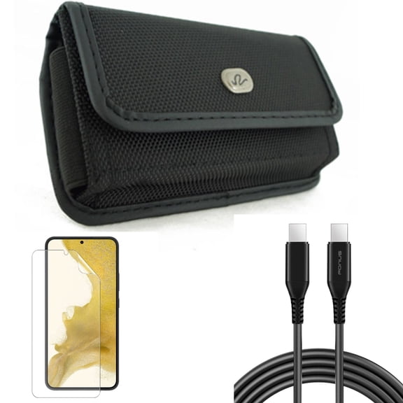 6ft Long USB-C Cable & Case Belt Clip & Matte Screen Protector for Samsung Galaxy S22 (6.1") - PD Fast Charger Cord Power & Rugged Holster & TPU Film Anti-Glare Accessory Bundle