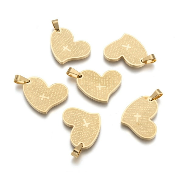 12pcs 304 Stainless Steel Heart Lord's Prayer Pendants Golden 26x20x2.5mm Hole: 4.5x5.5mm