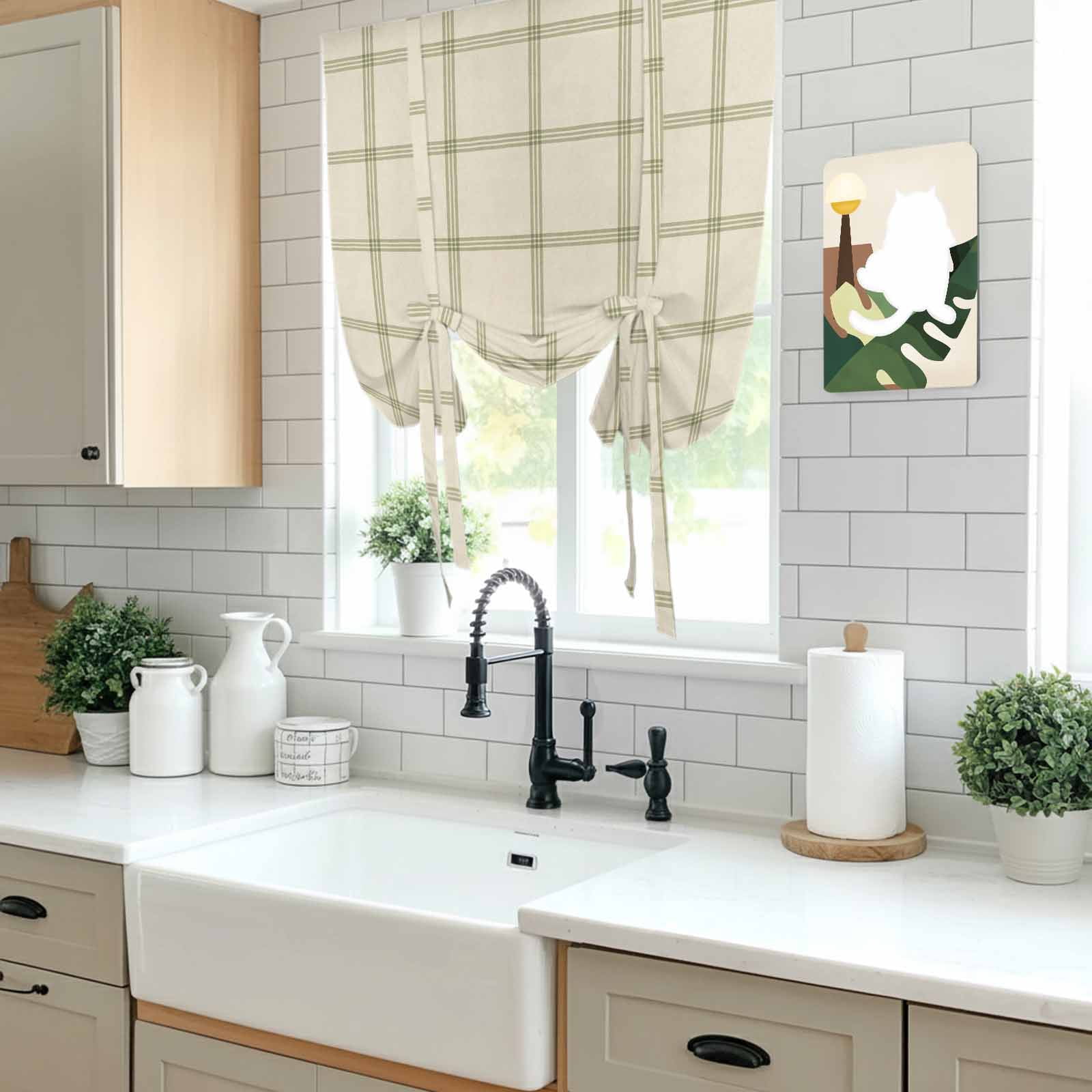 Beige Plaid Balloon Curtains for Bedroom/Front Door/Bathroom, Vintage Grid Stripe Minimalist Art Linen Tie Up Curtains 63 Inch Length Light Filtering Kitchen Curtains Shades for Windows 46"x63"