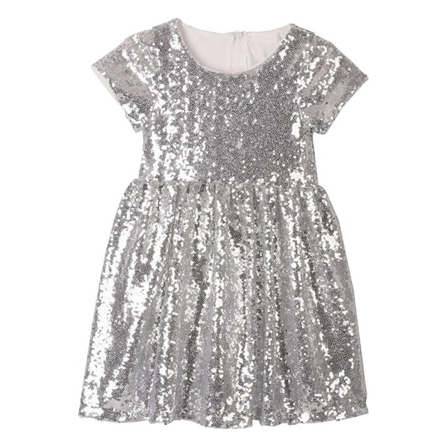 MEZZALL Robe Fille Bébé Tout-Petits Robe à Paillettes Enfants Robe de Fête Demoiselle d'Honneur Robe de Mariage Robe d'Été de Loisirs, Argent, 3a