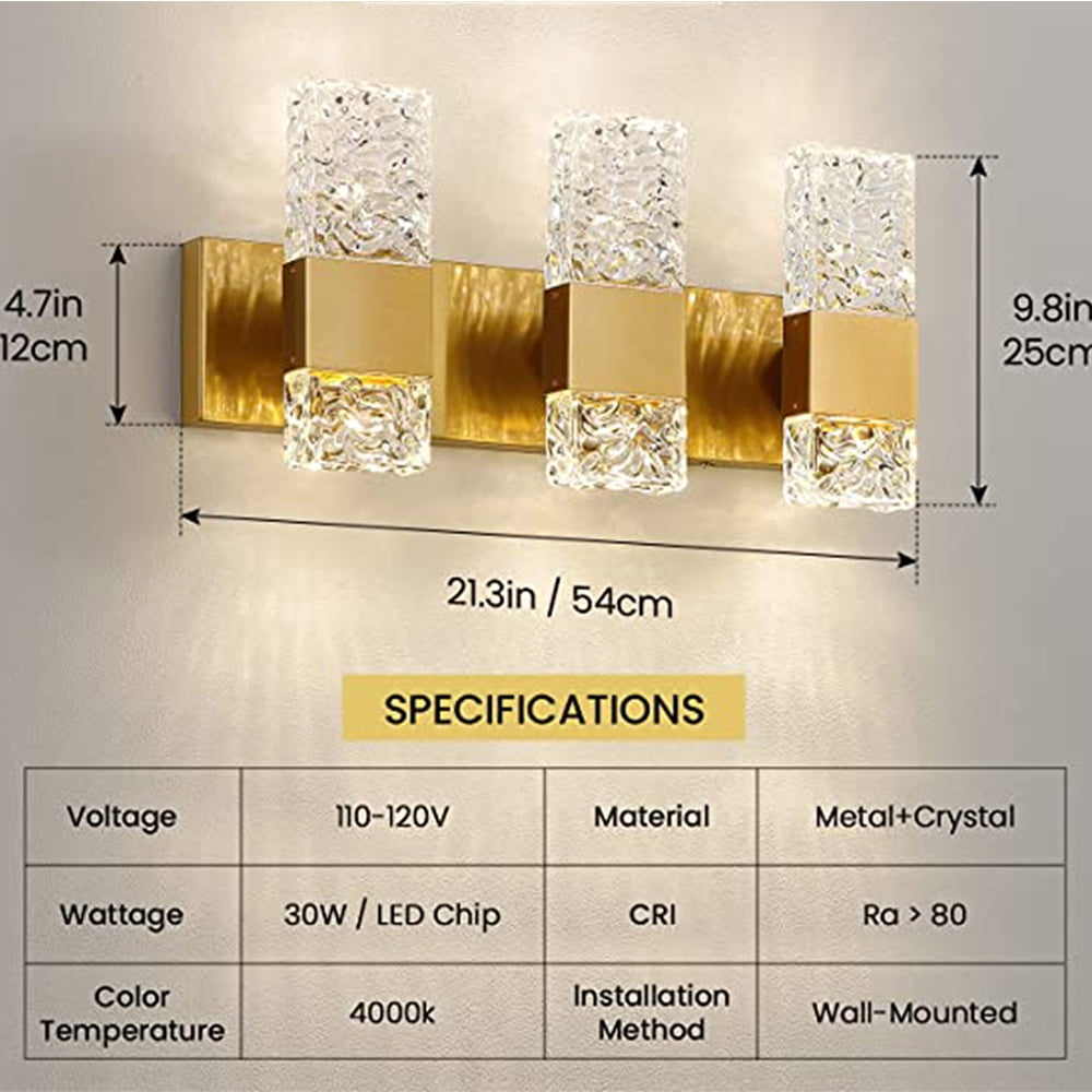 4000K LED Crystal Wall Sconces 3-Light Gold Vanity Lights 30W Modern Brushed Hardwired Lighting Fixtures for Bathroom Bedroom Living Room