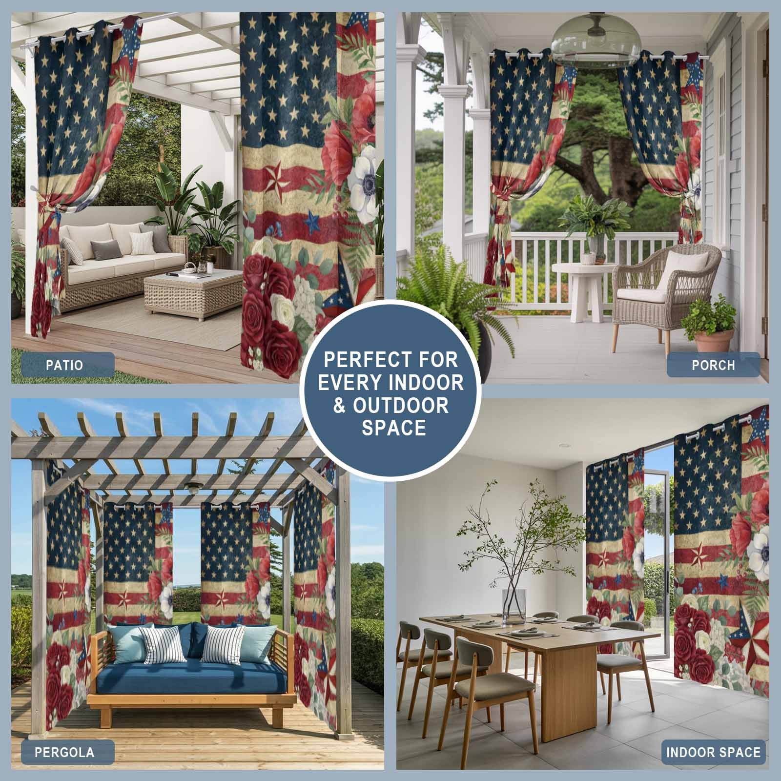 4th of July Outdoor Curtains for Patio, Patriotic USA Flag Stars Red Flowers Leaf Vintage Sunshade Privacy Drapes Grommet Waterproof Outside Curtains for Porch/Cabana/Balcony 54"x 108", 1 Panel