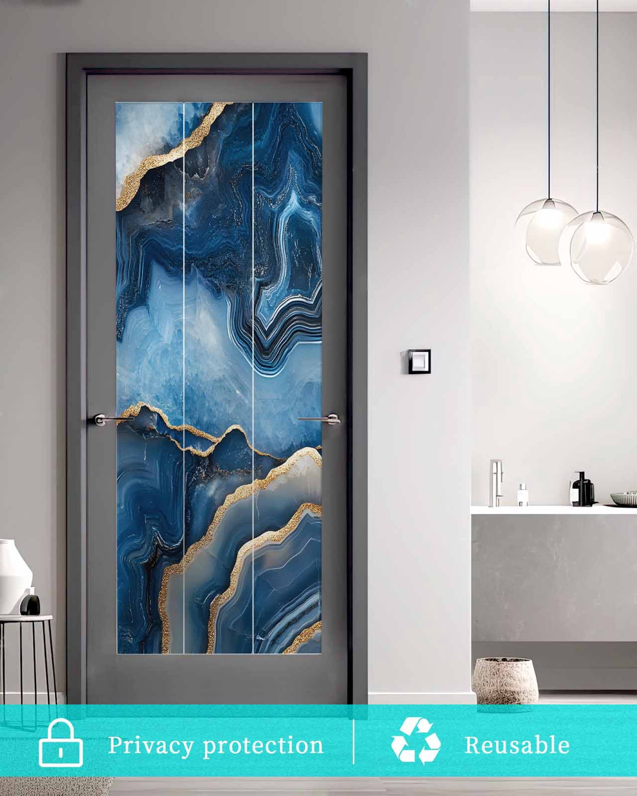 Window Privacy Film Blue Marble Stained Glass Window Film Decorative Sun Block Window Cover Contemporary Abstract Golden Foil Texture Window Clings Static Adhesive Sticker for Bathroom 23.6"x59"