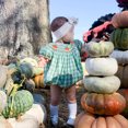 thumbnail image 6 of 0-3Years Baby Girl Halloween Outfits Pumpkin Plaid Bubble Romper Short Puff Sleeve Bodysuit Cute One Piece Clothes, 6 of 8