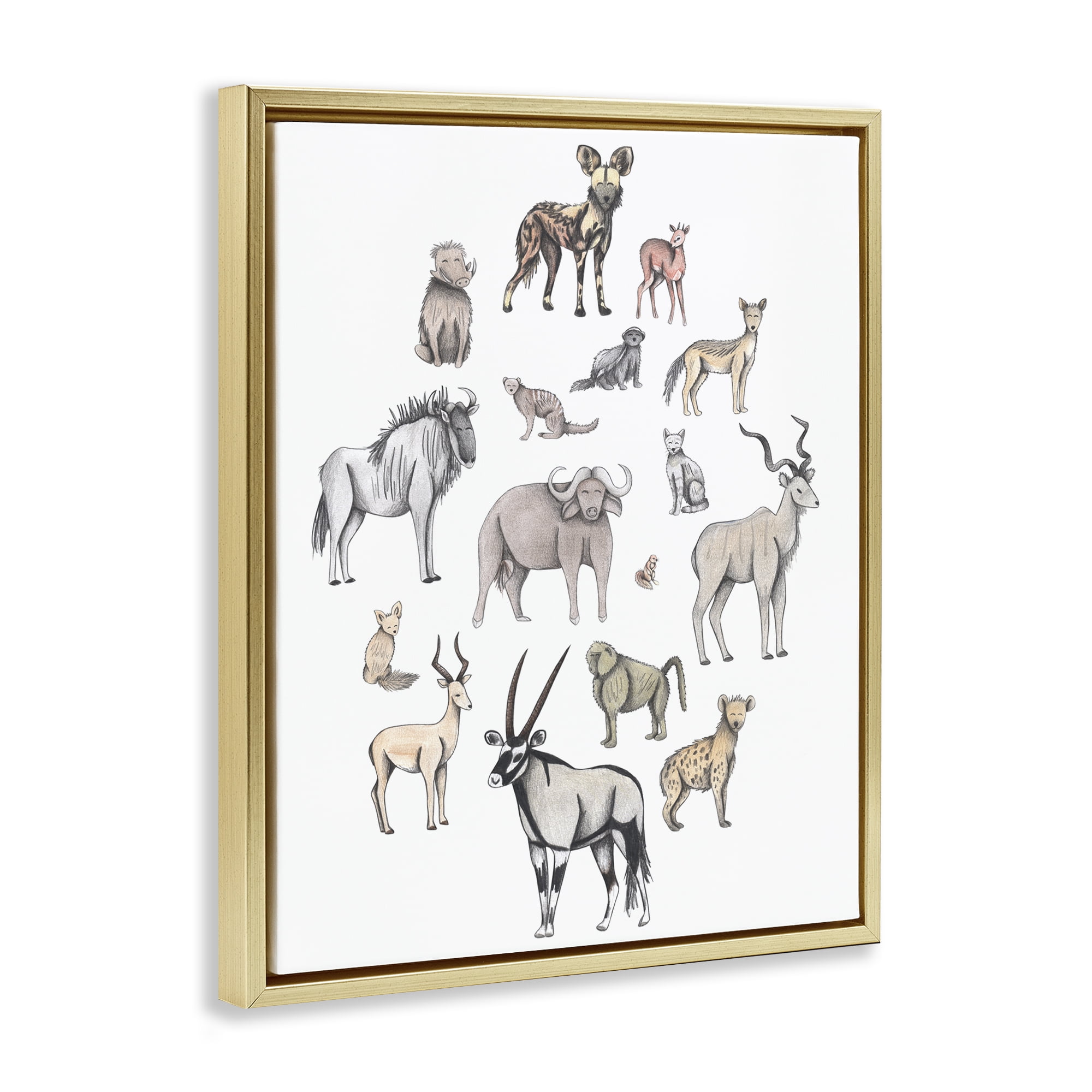 Simple Africa Animals Gold Framed Floater Canvas Wall Art, design by Cecilia Battaini