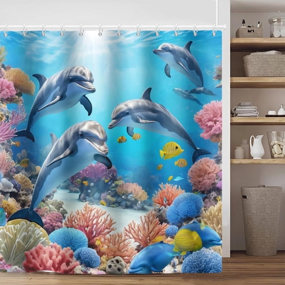 Shower Curtain 60“x72” Underwater Dolphin Ocean Marine Tropical Fish Bathroom Washable Curtain with 12 Hooks Bathtub Decor