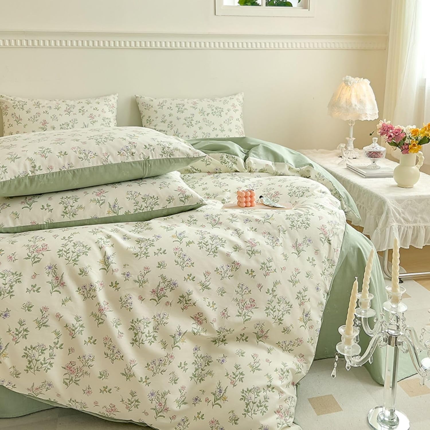 Nayoroom 100% Organic Cotton Duvet Cover Set, 3 Pieces White with Green Leaves Pink Flowers Pattern Reversible Soft Bedding Set King