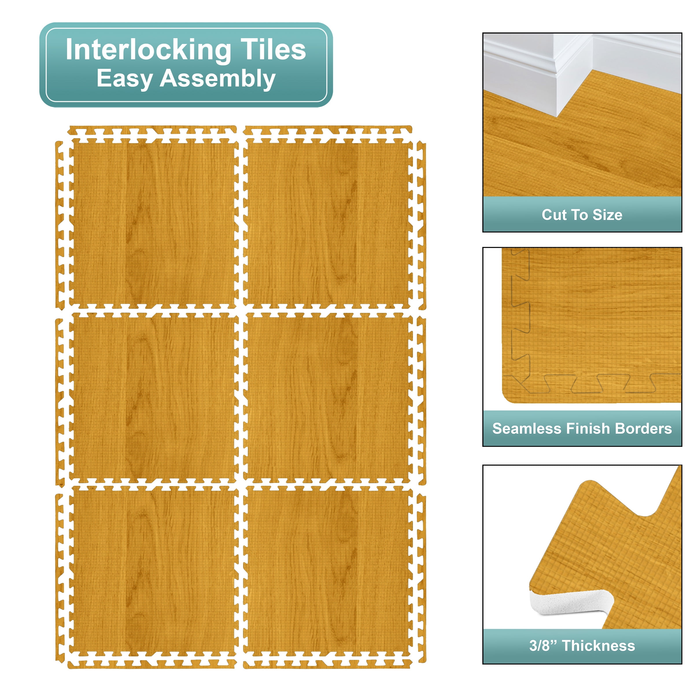 Sorbus Waterproof Wood Grain Foam Floor Tiles, 24 Tiles, 96 Sq Ft, Interlocking, Light Grain