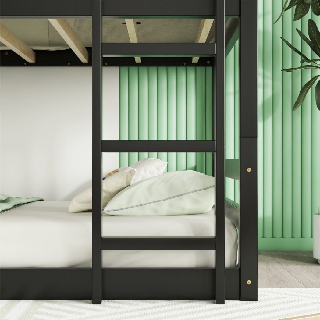 Triple Twin Bunk Bed, Rubber Wood Twin Over Twin Over Twin Bunk Bed with 2 Built-In Ladders & Guardrails, Detachable 3 Twin Beds, Black
