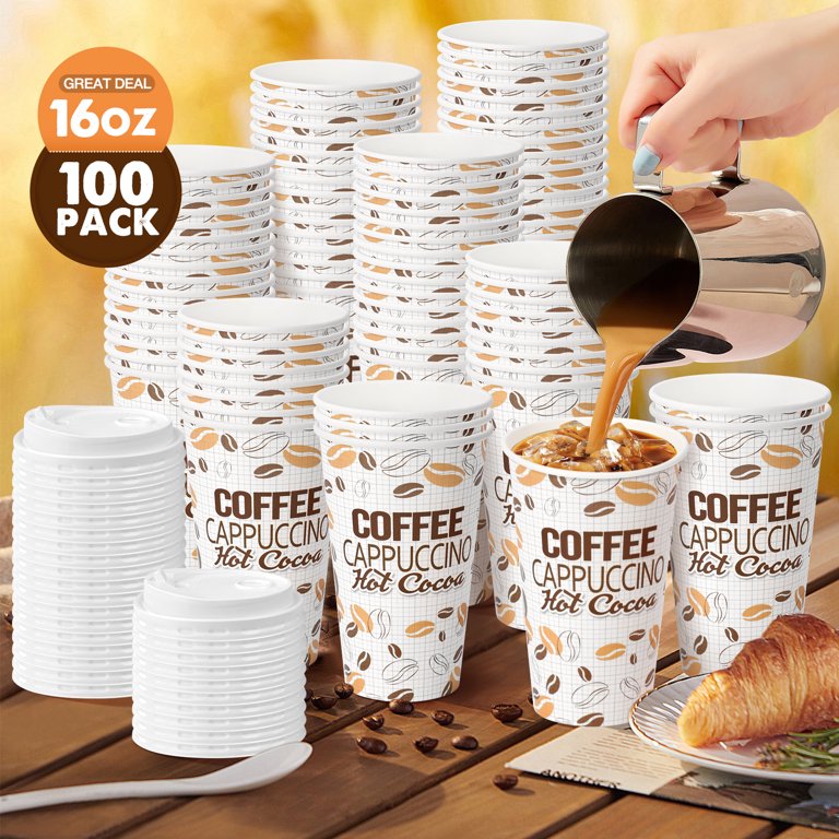 KPX 100 Pack 16 oz Coffee Cups, Disposable Coffee Cups with Lids