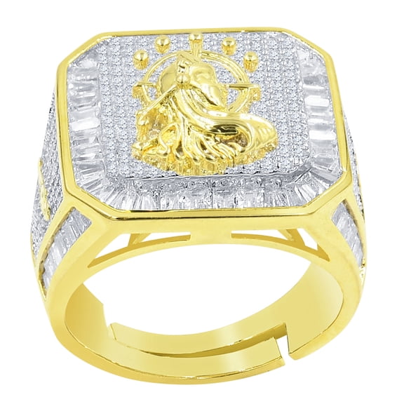 Mens 14K Gold Finish Virgo Maiden Zodiac Sign Astrology Horoscope Band Baguette & Round Cut Simulated Diamond Ring