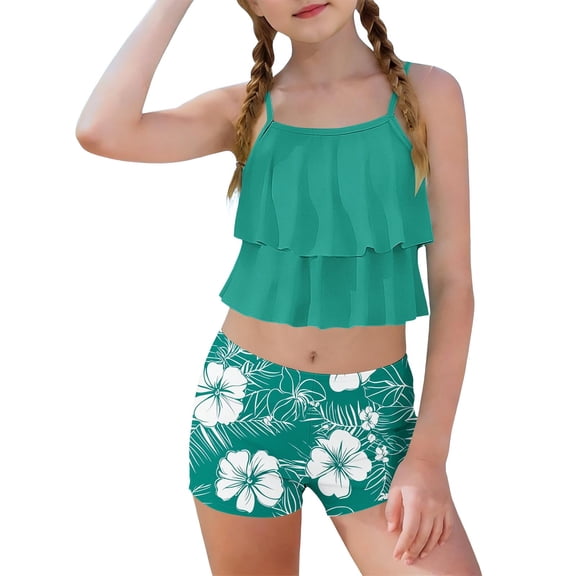Girls 2 Piece Swimsuit Set Ruffle Tankini Top & Boy Shorts, Quick Dry Bathing Suit Tropical Floral Print Sizes 6-15,Size 6-7 T