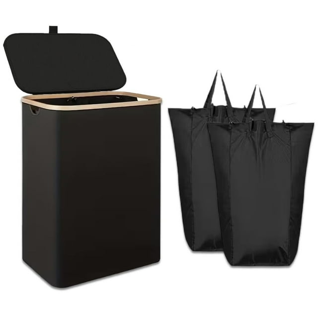 Cesto para Ropa Sucia, 150L Cesta de Lavandería Dividida Plegable de Gran Capacidad con 2 Bolsa Extraíble Tapa para Lavar, Para Baños Sala de Estar, Dormitorio y Lavandería, Negro