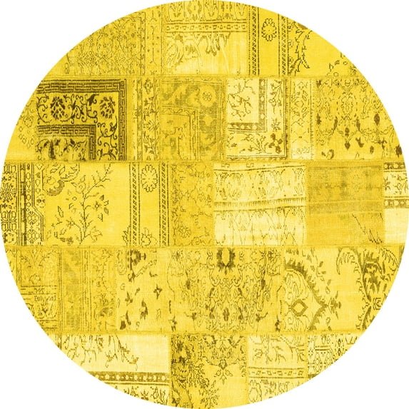 Ahgly Company Indoor Round Patchwork Yellow Transitional Area Rugs, 7' Round