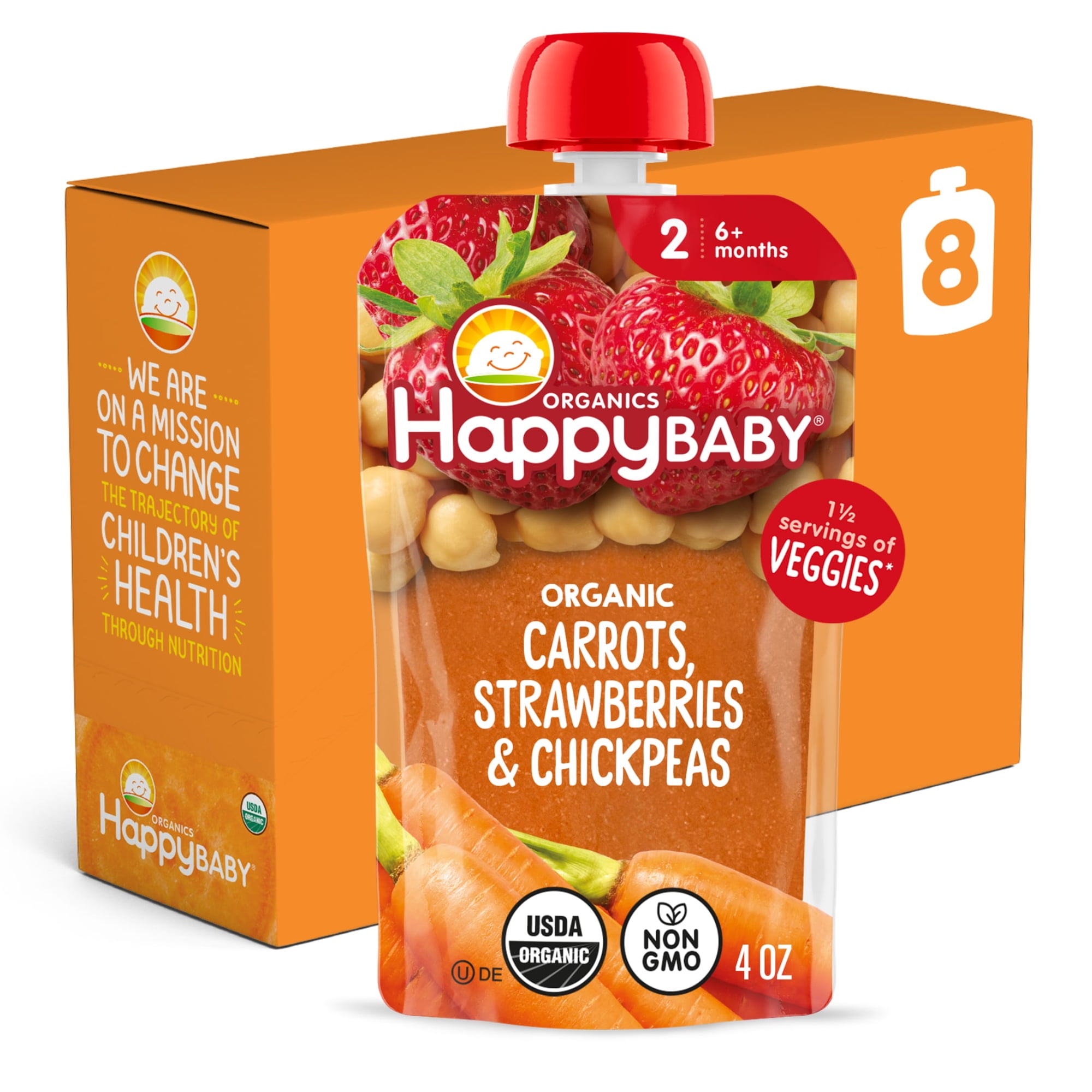 Happy Baby Clearly Crafted, Stage 2, Carrots Strawberries & Chickpeas Organic Baby Food Pouches, 4 oz. (8 pack)