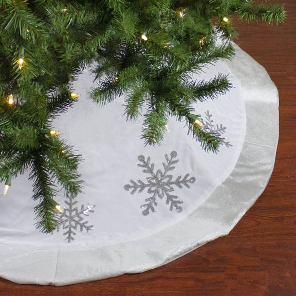 Northlight 48" White and Silver Embroidered Sequin Snowflakes Tree Skirt