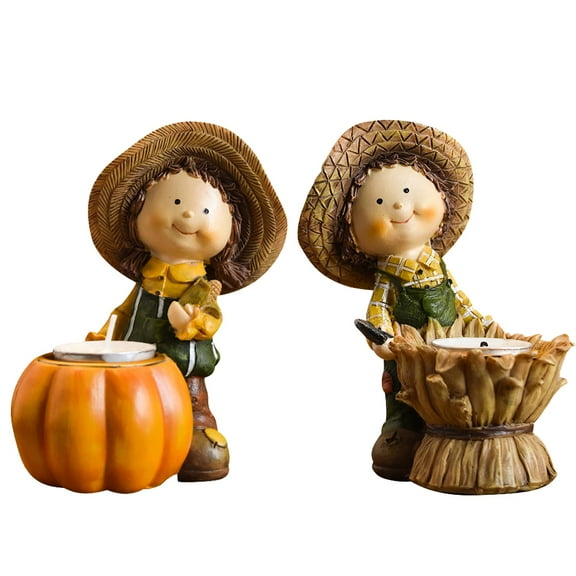 Set of 2 Fall Harvest Candle Holders-Resin Pumpkin & Scarecrow Tea Light Holders for Rustic Autumn & Thanksgiving Home Décor, Table Centerpiece Accent Gifts
