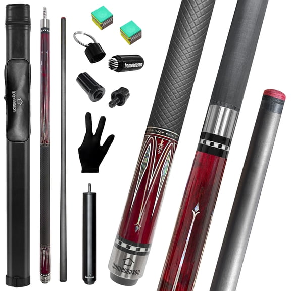 58" Carbon Fiber Pool Cue Stick with Screw-in Extension and Leather Case,18oz Low Deflection Cue Stick, 3 * 8/8Joint Pin, Billiard Cue Sticks Set(Wine Red)