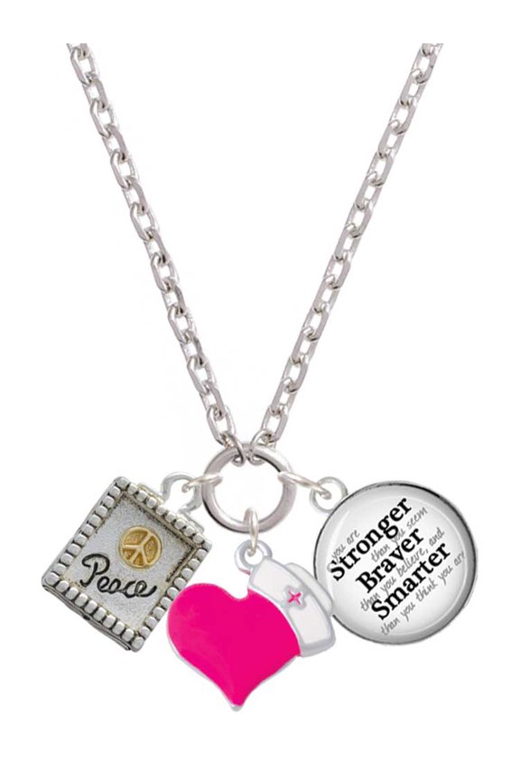 Two-tone Shadow Box ''Peace'' with Peace Sign - Hot Pink Heart Nurse Strong Zoe Necklace
