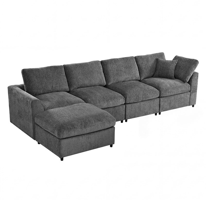 L-Shaped Modular Sectional Sofa, 4-Seater Chenille Couch with Movable Ottoman, Deep Seat Modern Sofa with Solid Wood Frame, 1 Throw Pillow for Living Room & Apartment
