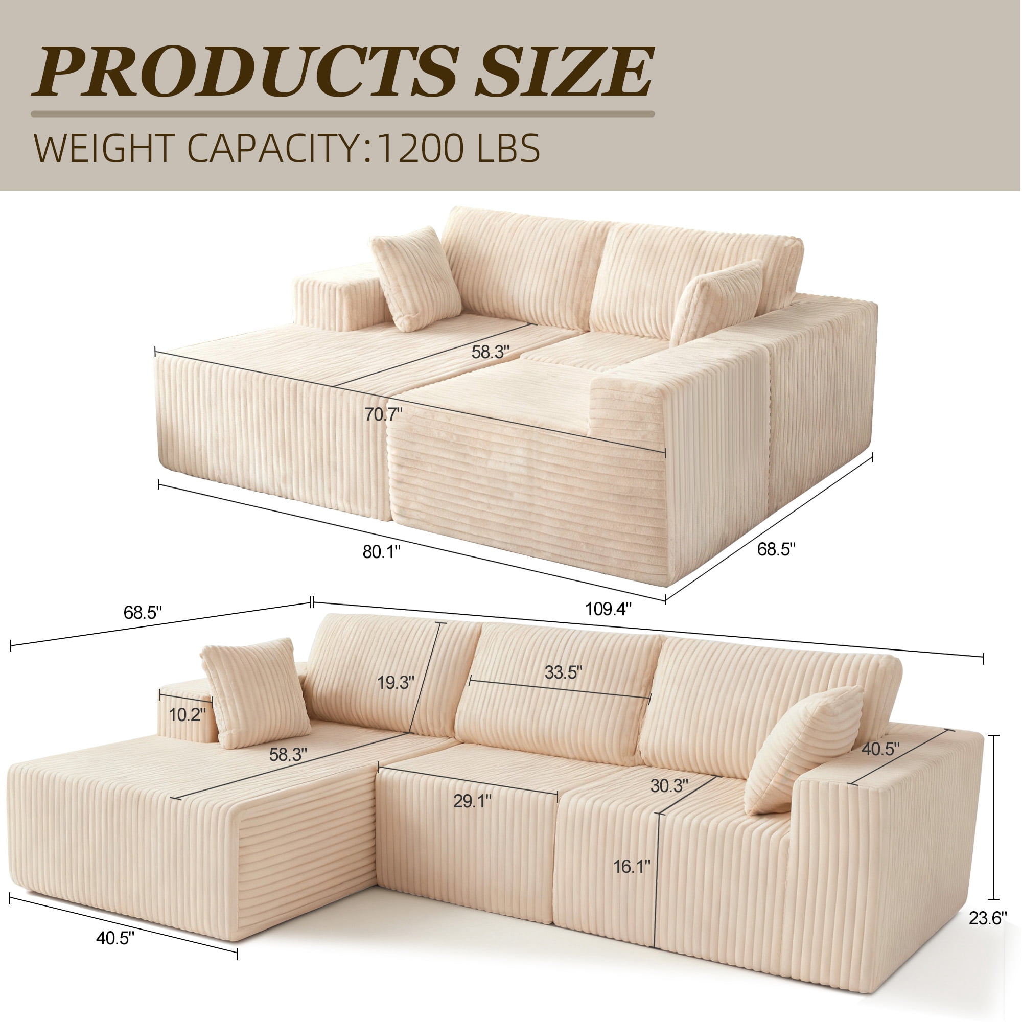 MOONMISS 110" Cloud Sectional Couch with L-Shape Chaise, Modern Modular Sofa with Deep Seat, Upholstered Couches with Back Cushion for Living Room Bedroom, No Assembly Required, Beige