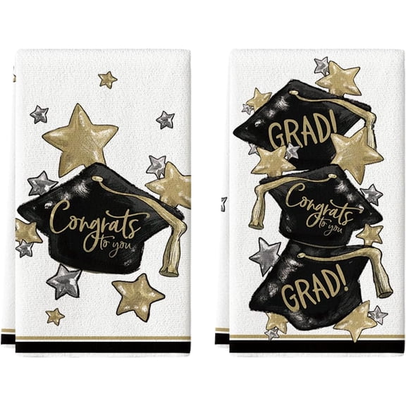 Beige Congrats Grad Cap Stars Graduation Kitchen Towels Dish Towels, 18x26 Inch Party Farmhouse Decoration Hand Towels Set of 2