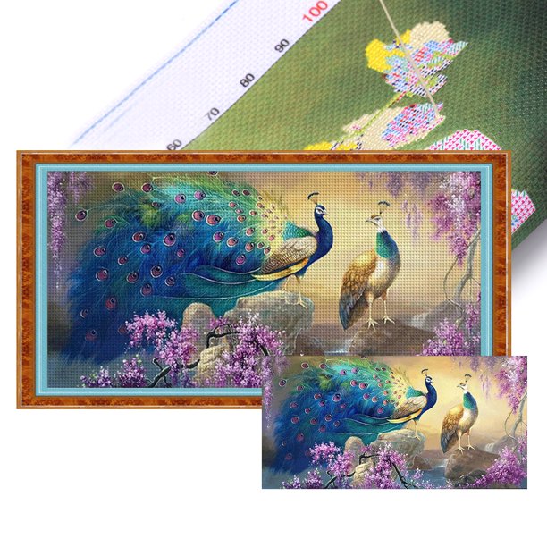 Kit Punto Cruz Pavo Real Impreso Hilo Algodón Ecológico Bordado 11CT 98x48cm