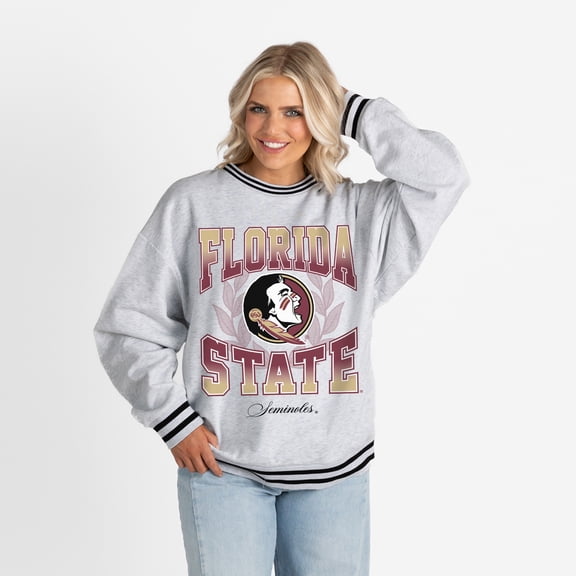 Women's Gameday Couture Ash Florida State Seminoles Oversized Fade Route Ringer Stripe Sweatshirt
