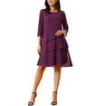 thumbnail image 2 of Vestido de gasa con volantes para mujer Inspire Chic, de capas, fluido, de manga 3/4, corte A, hasta la rodilla, color púrpura oscuro, talla S, 2 of 6