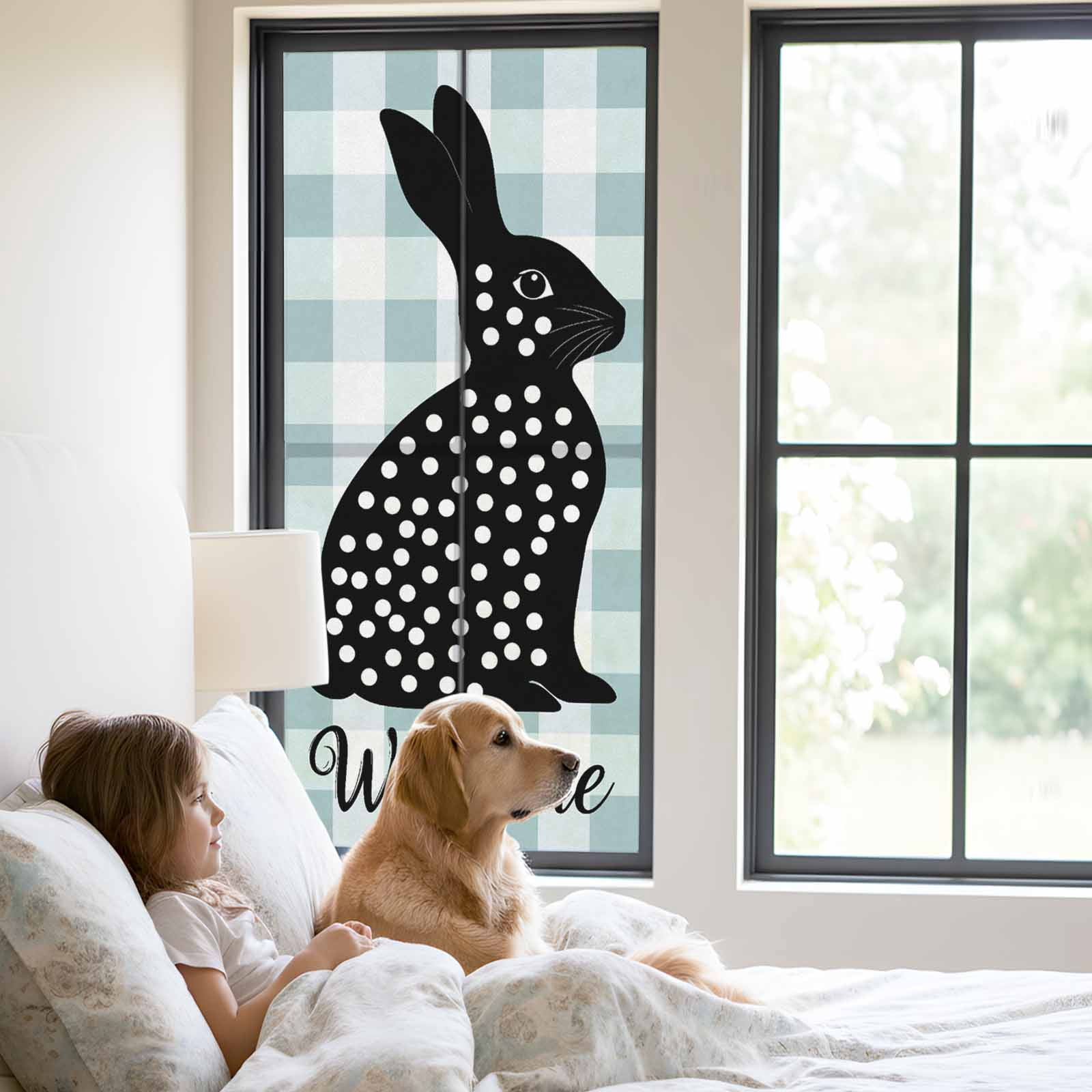 Easter Rabbit Window Privacy Film, Bunny Welcome Frosted Glass Window Clings Static Cling UV Heat Blocking Reusable Door Sticker for Bathroom 23.6 x 59 Inch