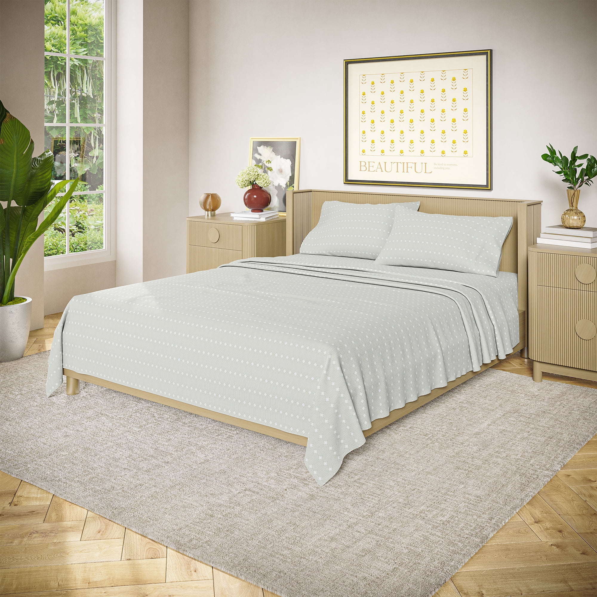 Beautiful Bedding Collection by Drew Barrymore Twin 3-Piece Sheet Set, Sage Green Geometric, 100% Cotton Percale