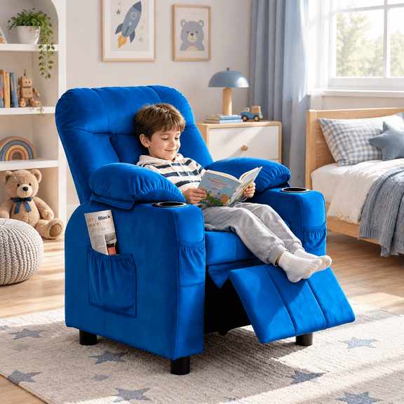 Pipleo Kids Recliner Chairs for Toddlers, Toddlers Recliner Chair with Cup Holder, Footrest, Side Pockets, Ergonomic Adjustable Velvet Kids Lounge Chair, Comfortable Recliner Chair for Boys Girls