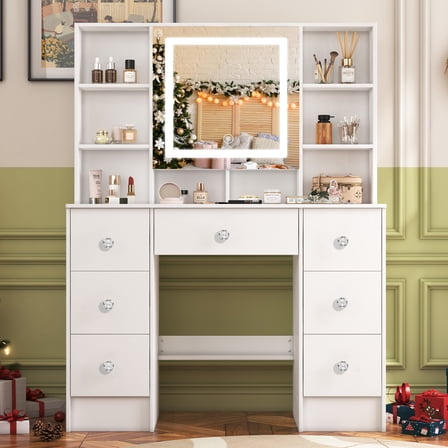 Teousev Makeup Vanity with LED Lights, 7 Drawers Modern Vanity Desk for Bedroom, White Vanity Table for Women Girls
