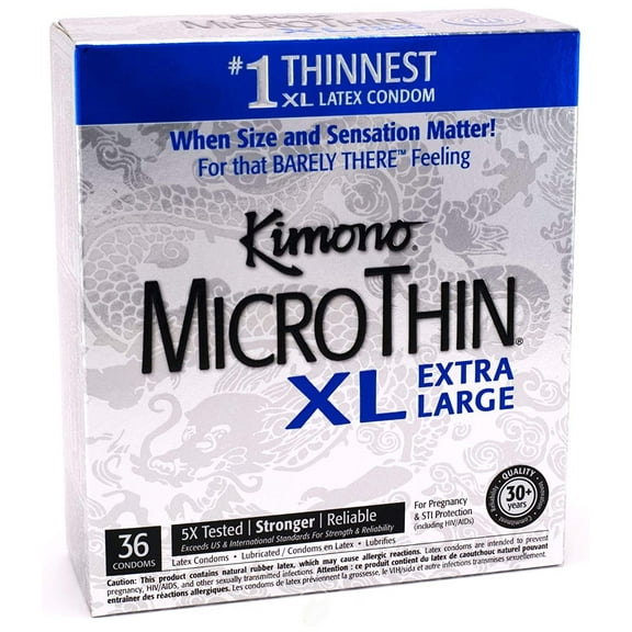 Kimono MicroThin XL Pack of 36 - Ultra Thin Lubricated Condoms, Natural Latex, Vegan-Friendly, No Latex Odor, Extra Thin, Widest-Base - Enhanced Sensitivity