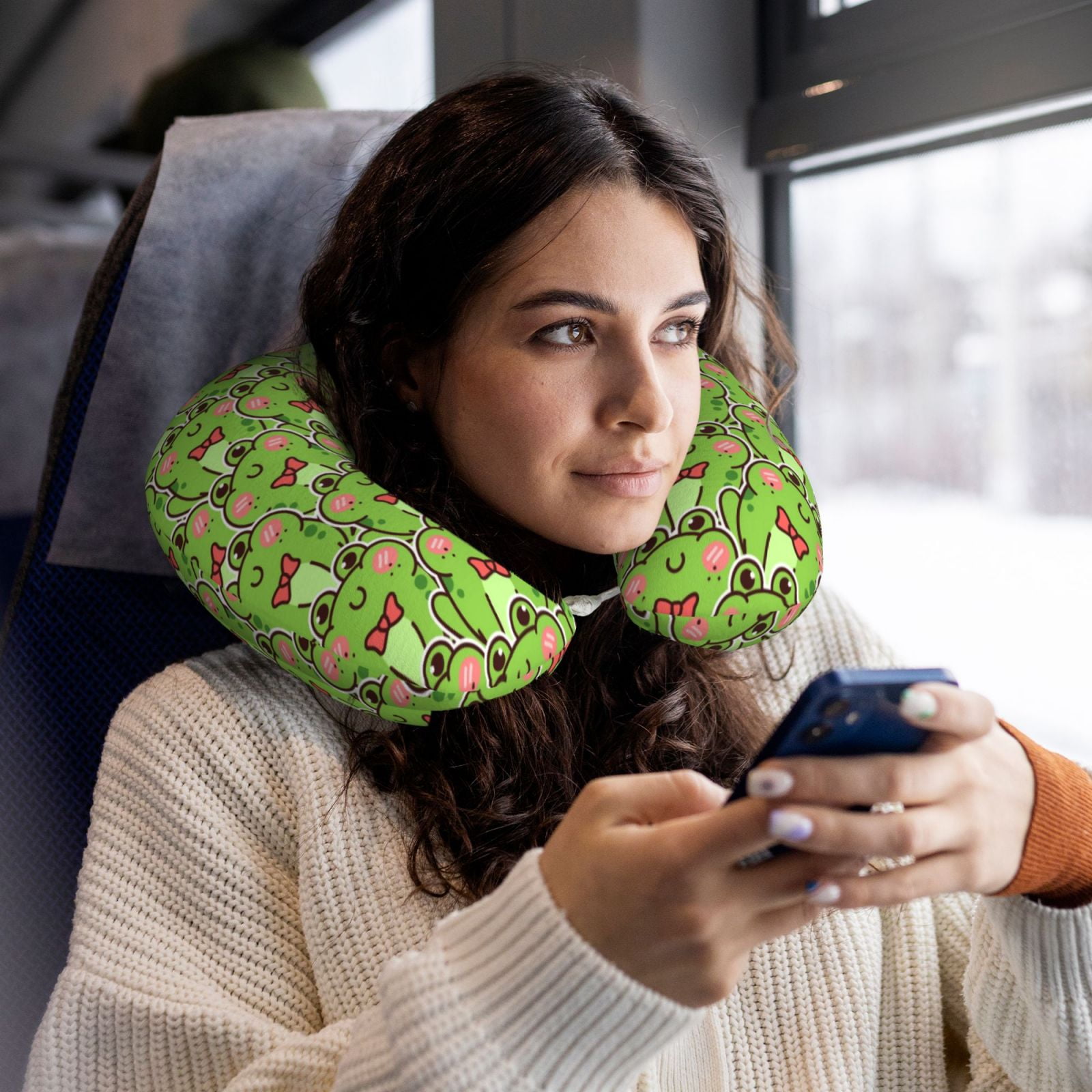 Xecao Cute Green Frog Print Memory Foam Cervical Neck Pillow Versatile U-Shaped Pillows for Home,Office,Camping,Travelling,Soft Washable Cover