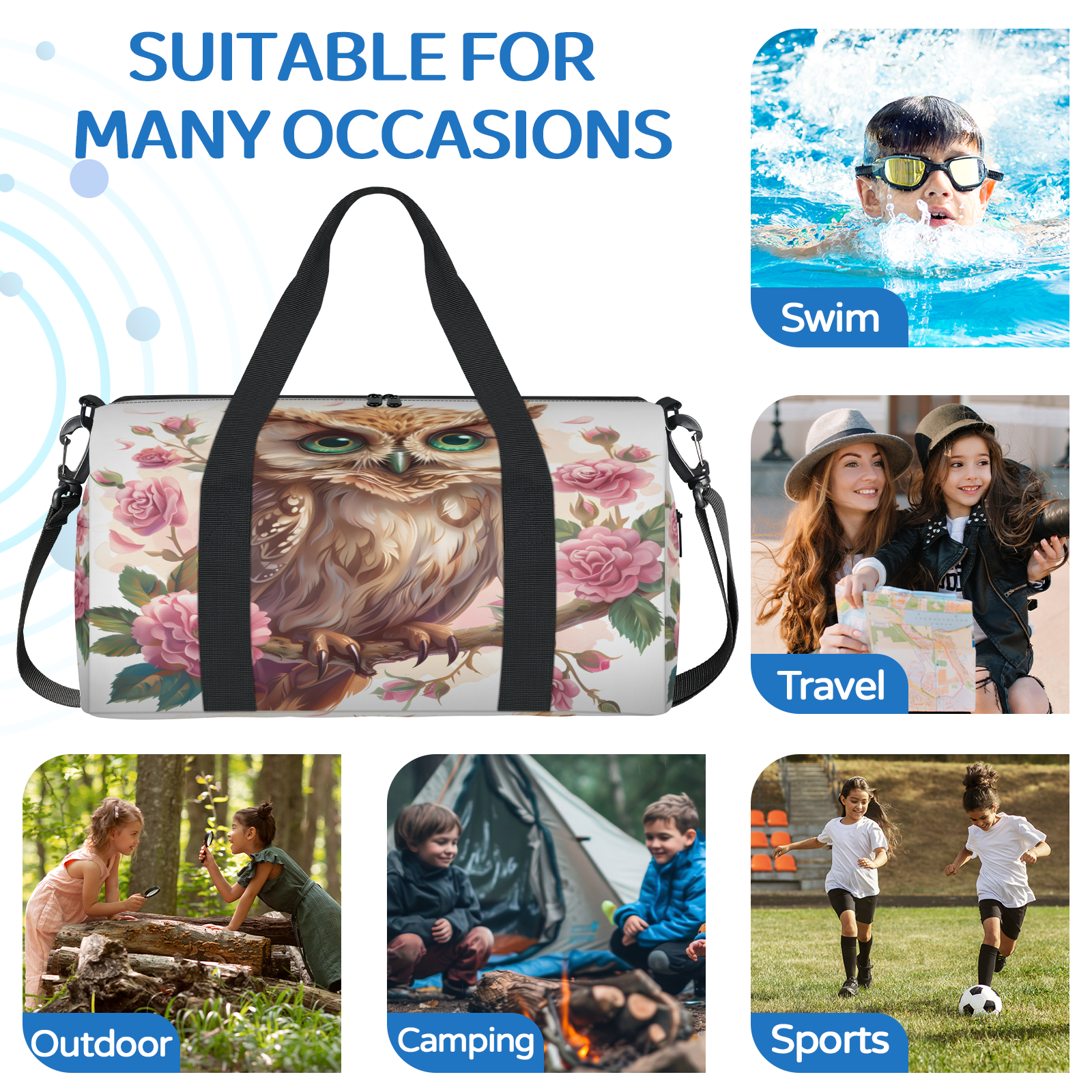 Herdesigns Cartoon Owl Travel Duffle Bag Sports Yoga Weekender Overnight Carry on Workout Bags Lightweight Waterproof Gym Tote Bag for Women Cute Animal