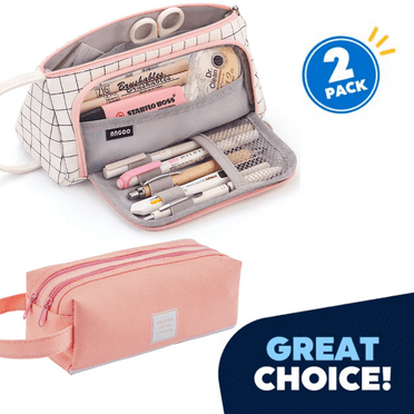 Jeexi Large Capacity Colored Canvas 2 Pack - Storage Pouch Marker Pen Pencil Case Simple Stationery Bag Holder For Middle High School Office College Student Girl Women Adult Teen Gift White Plaid