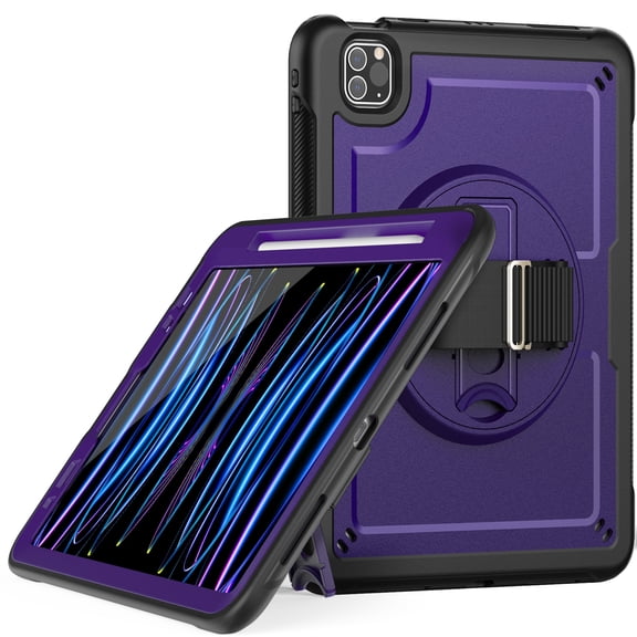 ELEHOLD Case for Apple iPad Pro 11 2022/2021/2020/2018/air4 10.9/air5,Soft TPU Rugged Durable Case with 360° Rotating Hand Strap & Foldable Hidden Stand & Pencil Holder,Purple