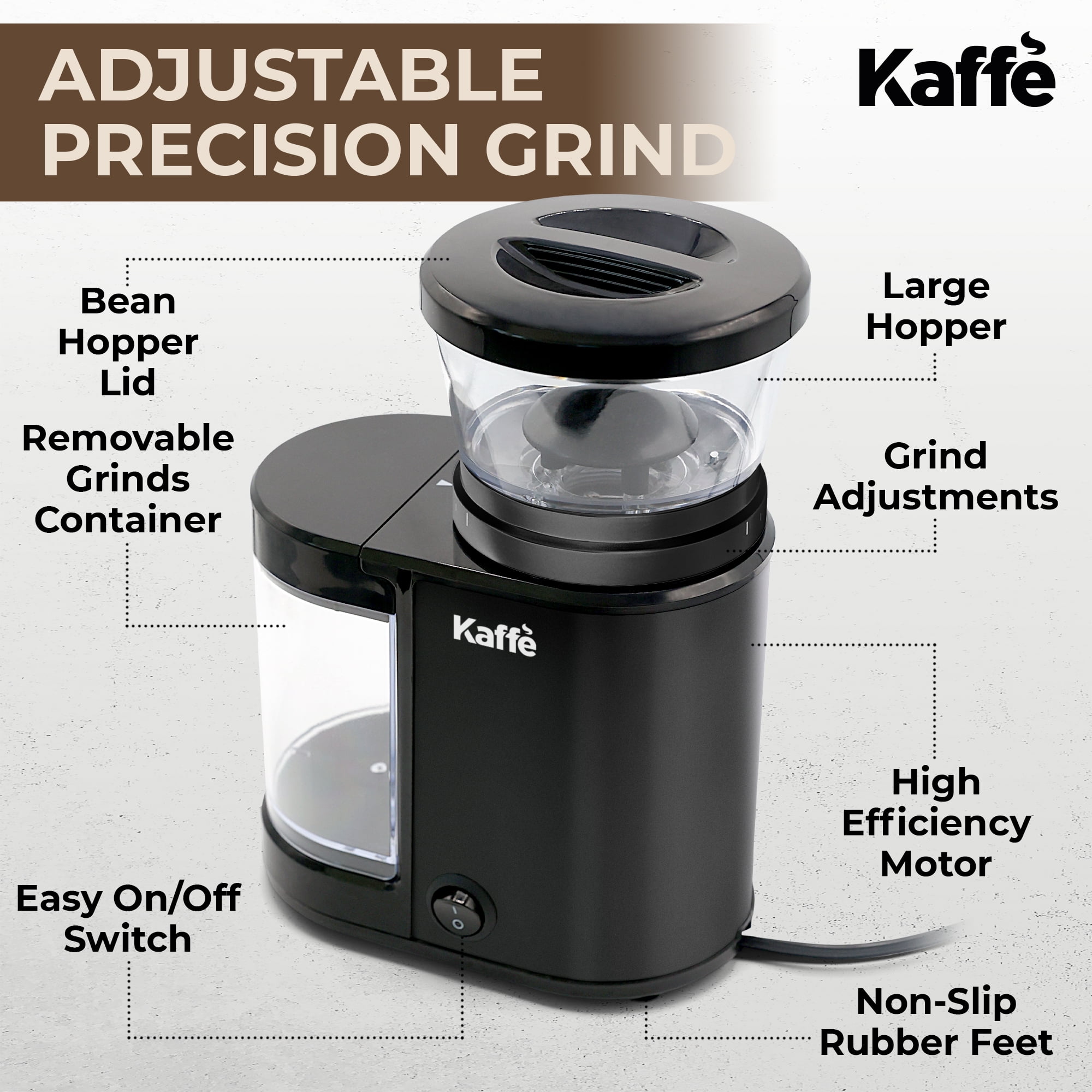 Kaffe Electric Burr Coffee Grinder (5.5oz) w/ Adjustable Coarseness Settings - Flat Burr - [New Upgraded Motor ] - Precision Coffee Bean Grinder for Home Use - Black