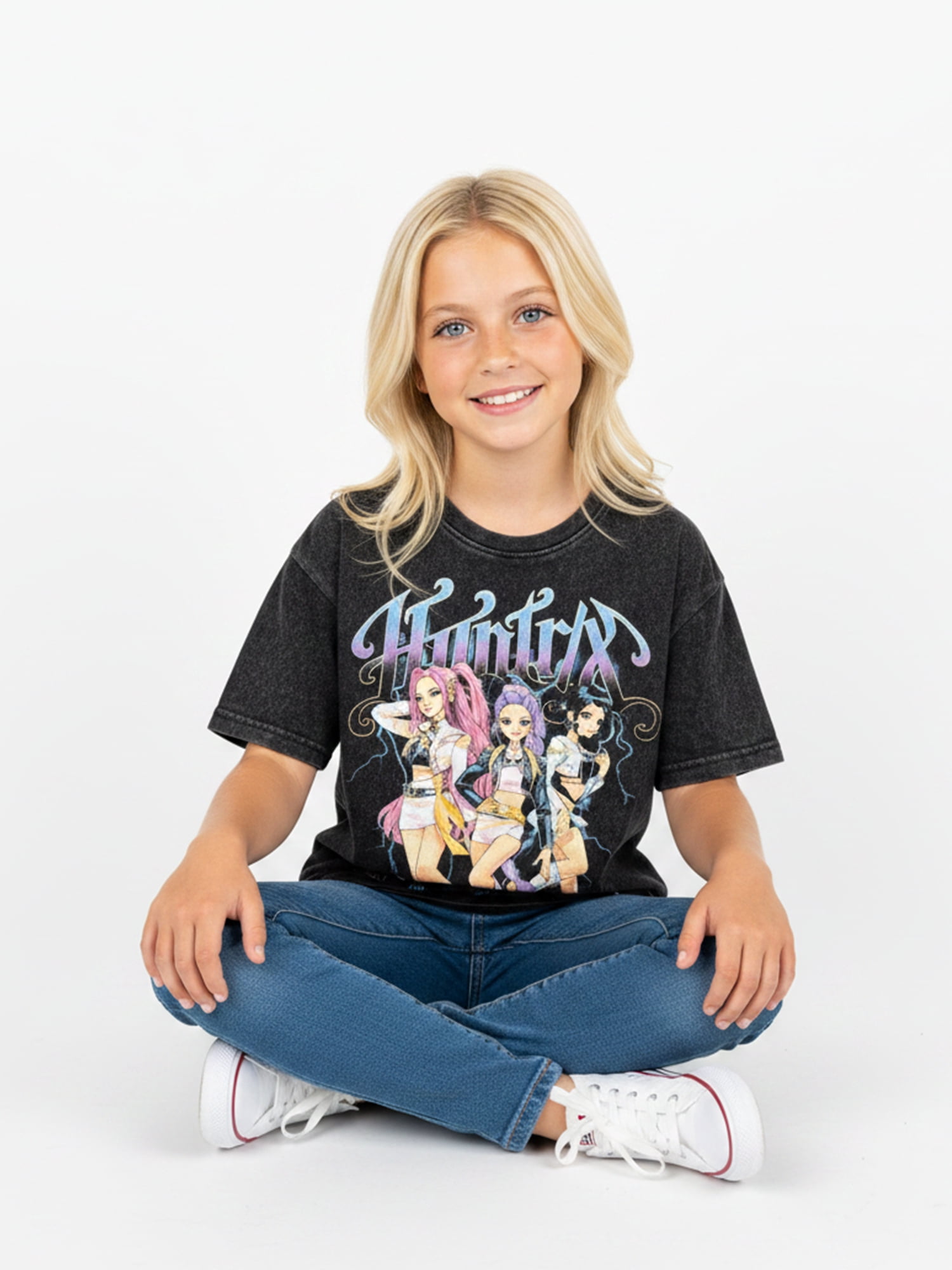 K Pop Demon Hunters Girl’s Boxy Mineral Washed Halloween Crewneck Tee with Short Sleeves, Sizes 4-16