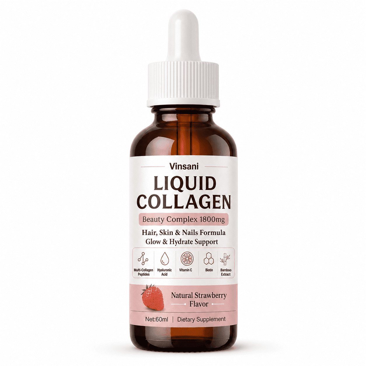 Collagen Beauty Complex Drops, 1800mg Multi Collagen Peptides, Hyaluronic Acid Biotin Vitamin C, 60ml Natural Strawberry Flavor, Supports Skin Nail & Hair Appearance