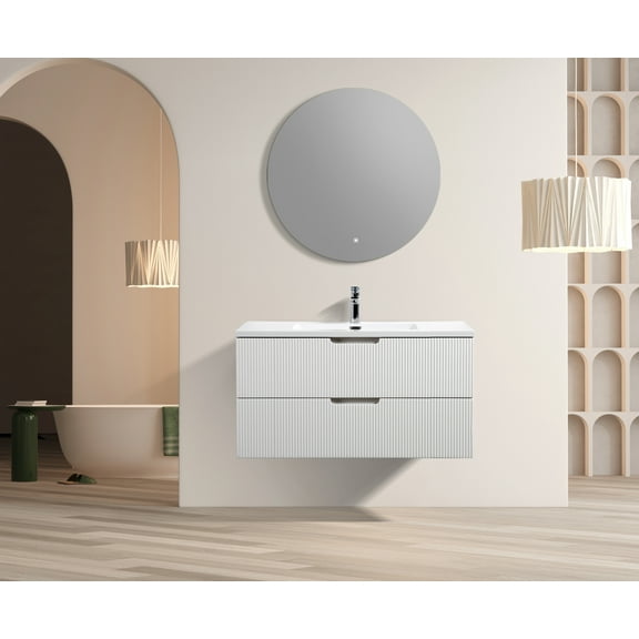 Themis 40 Inch White Wall Mount Vanity With A Integrated Sink
