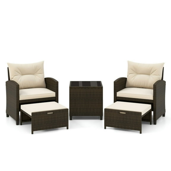 Spaco 5 Pieces Patio Rattan Furniture with 2 Ottomans and Tempered Glass Coffee Table, Outdoor Chairs, Patio Chair, Outdoor Patio Furniture-Beige