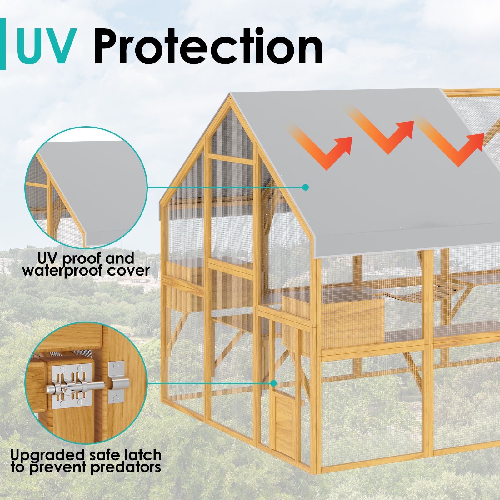 NARTRU Large Wooden Outdoor Cat House, Cat Run Enclosure Walk in Cat Catio Cage Pet Kennel Playpen with Jumping Activity Platforms