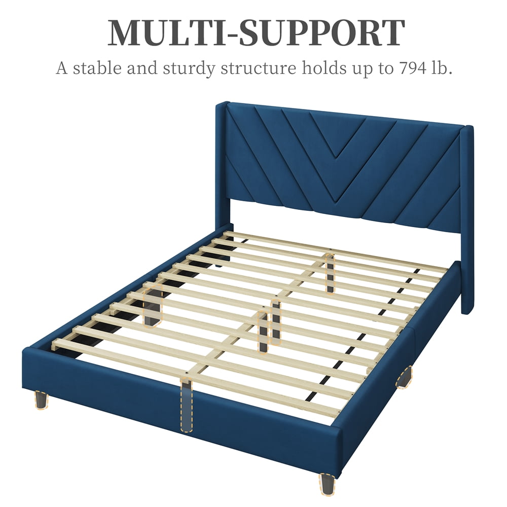 Yaheetech Upholstered Platform Bed with Tufted Headboard and Wing Side, Queen, Blue
