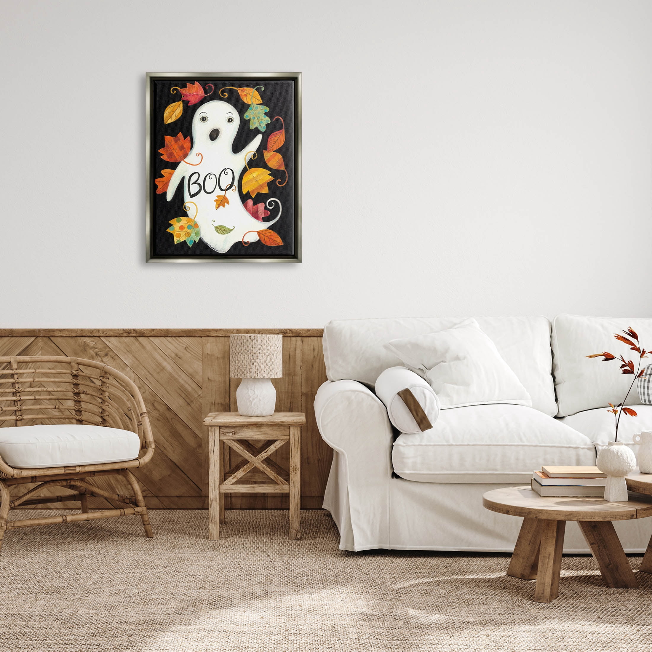 Vintage Boo Ghost Patterned Leaves Holiday Graphic Art Luster Gray Framed Art Print Wall Art
