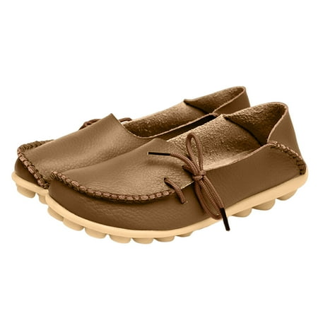 

Zizocwa Women S Driving Loafers Leather Comfortable Breathable Slip On Casual Shoes Non Slip Bowknot Loafer Flat Walking Soft Shoes Khaki Size9.5