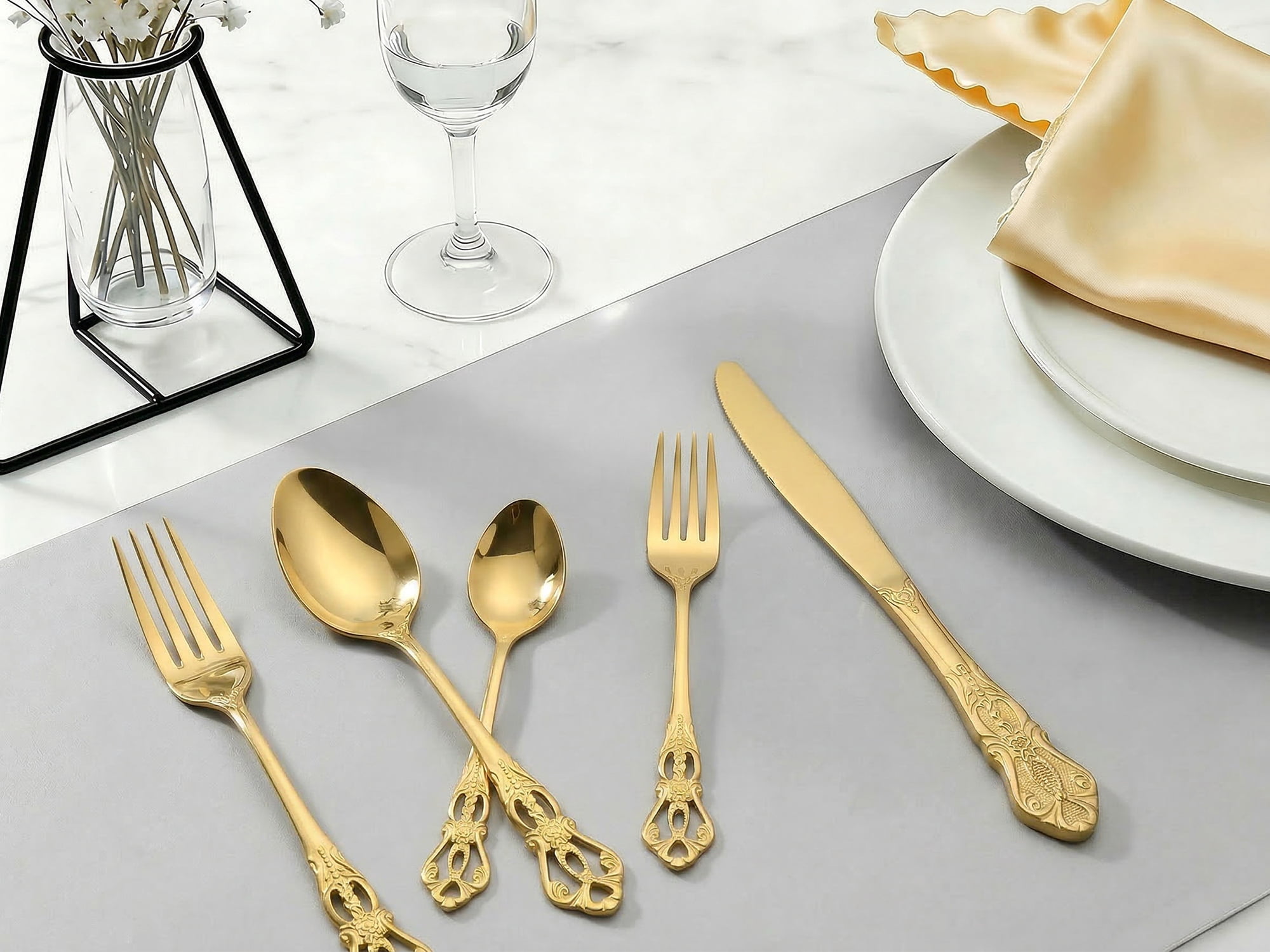 Unique Bargains 30 Piece Silverware Stainless Steel Flatware Set with Openwork Gold