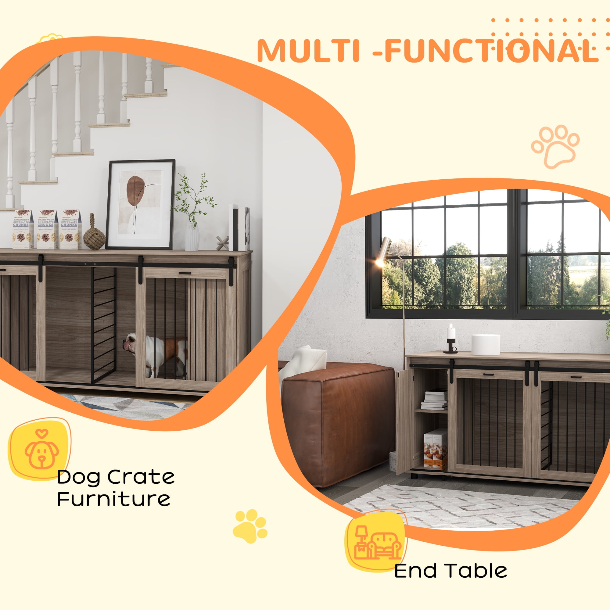 PawHut 71" Dog Crate Furniture with Removable Divider for 2 Small Dogs or 1 Large Dog, Dog Kennel Furniture with Storage, Double Doors