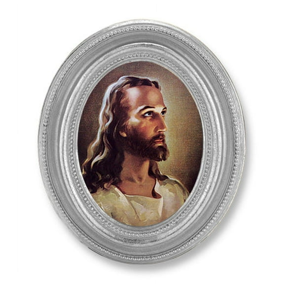 Head of Christ Picture Framed Print Small, Oval Silver-Leaf Frame